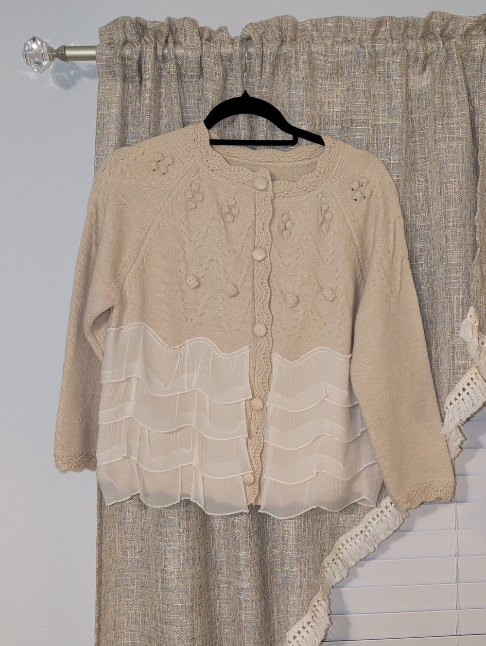 Women's Layered Chiffon-Hem Button Cardigan in Beige